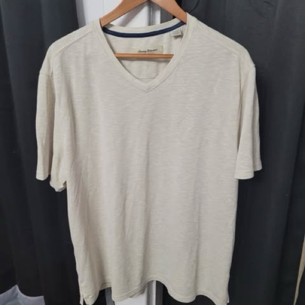 Tommy Bahama Men's V-Neck Short Sleeve Shirt in Light Beige